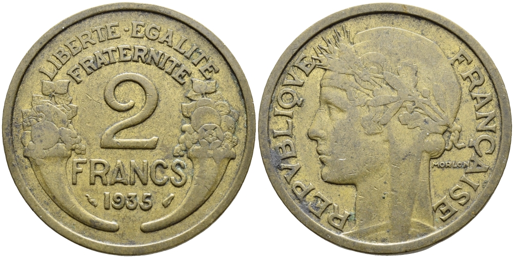 ФРАНЦИЯ 2 ФРАНКА 1935 KM 886 алюминиевая бронза 3334-914