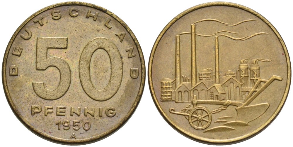 ГДР 50 пфеннигов 1950 А, фабрика KM 4 алюминиевая бронза 4575-525