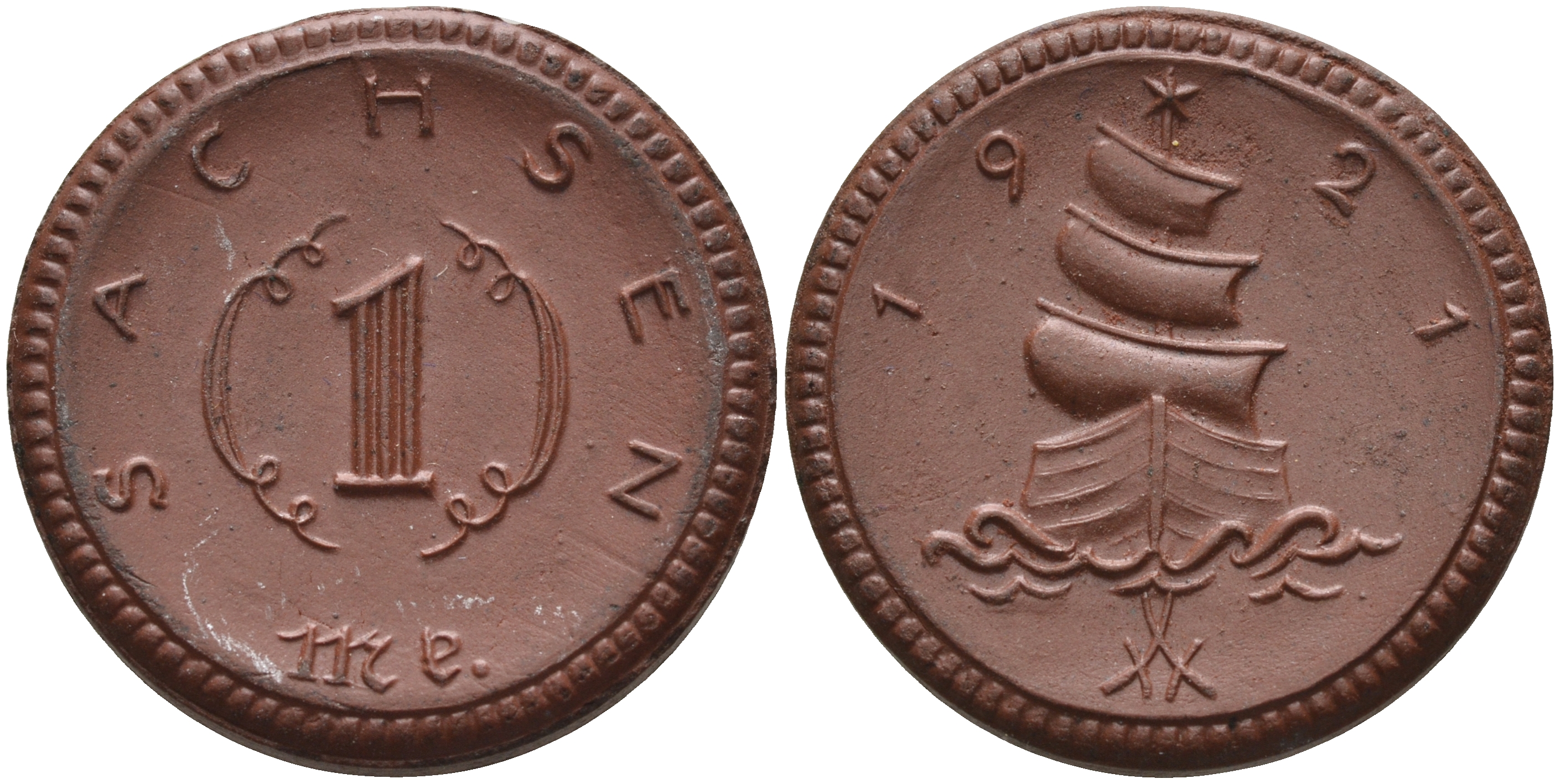 Саксония 1 марка 1921 парусник J. N 55 фарфор 1094-3-42