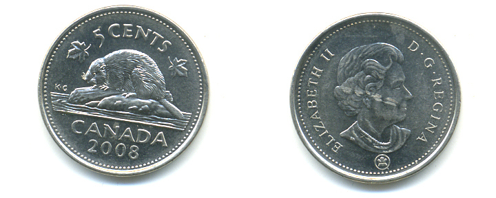 Канада 5 центов 2008 Елизавета II (1952-2022), бобер KM 491 сталь плакированная никелем 177-1266