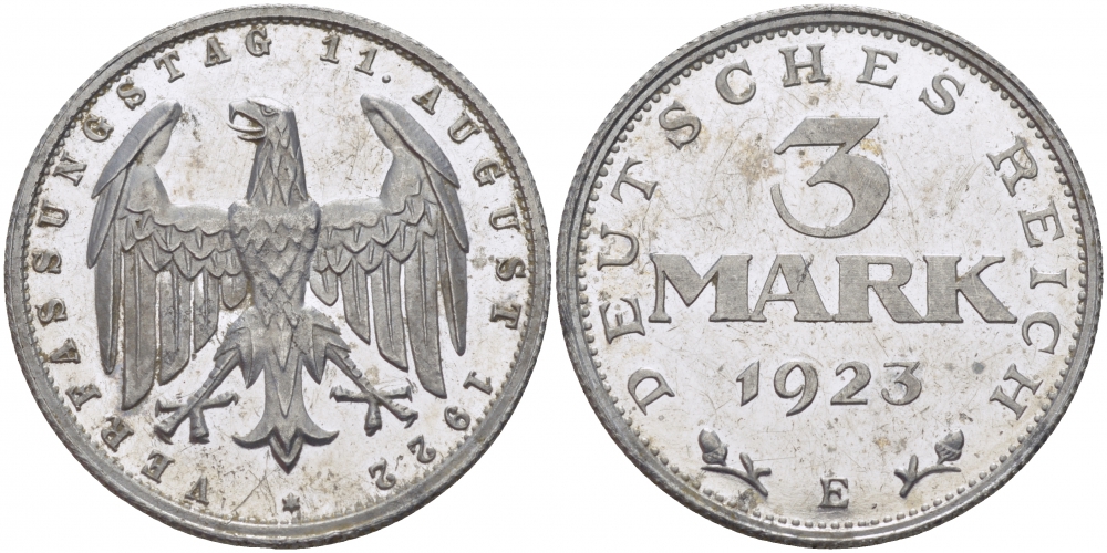 Германия 3 марки 1923 E, 3 года Веймарской конституции Weege 18, J.303, KM 29 алюминий PROOF 00-814-28