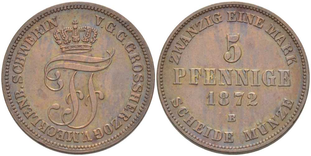Мекленбург-Шверин 5 пфеннигов 1872 В, Фридрих Франц II (1842-1883) KM 317 (C104), Jaeger 62, AKS 45 медь 4448-1255