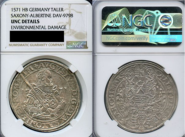 Саксония 1 талер 1571 HB, Дрезден, Герцог Август (1553-1586), в слабе NGC UNC Details Dav. 9798, Schnee 725 серебро  UNC  00-000-00