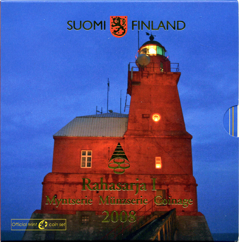 Финляндия евронабор из 8 монет 2008 с жетоном Маяки Скандинавии, в оригинальном буклете UNC 5-6-2-11