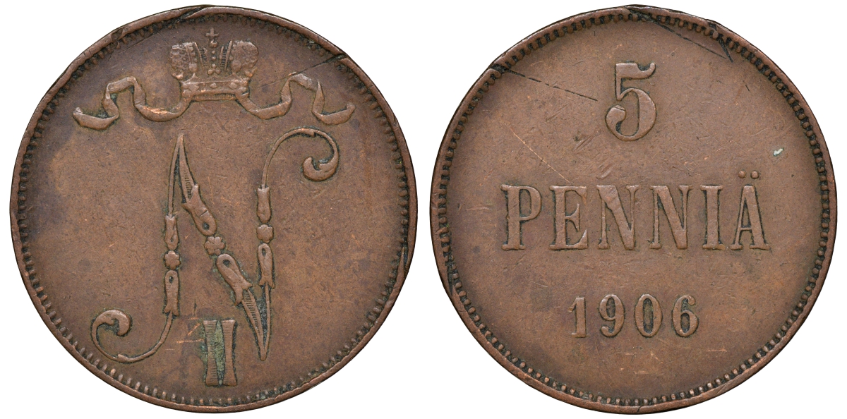 Россия для Финляндии 5 пенни 1906 Биткин 447 медь 53-433