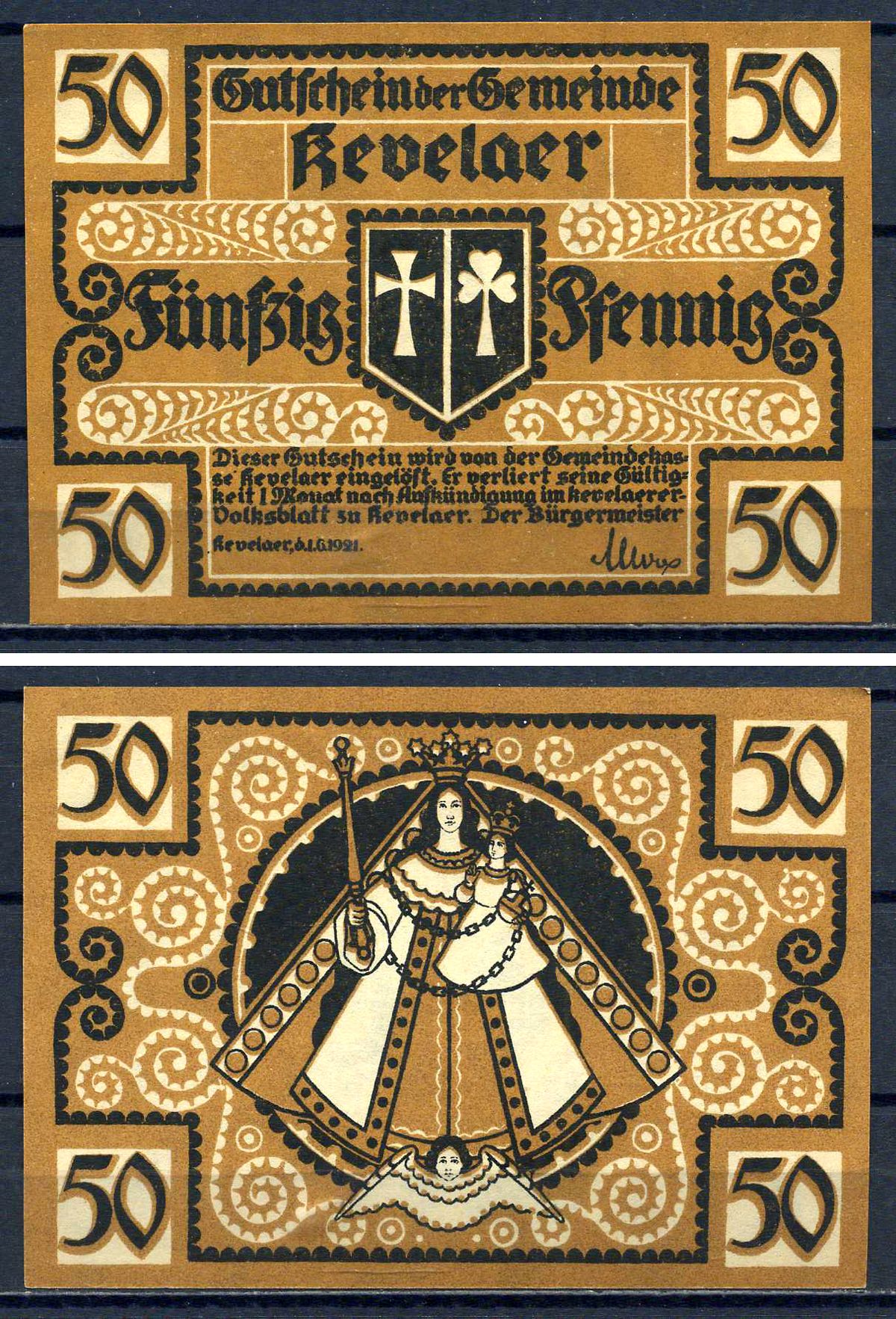 Кевелар (Пруссия) 50 пфеннигов 1921 DeNG 1/2 0690.1-3/3 бумага UNC (пресс) 7556-17-4-1