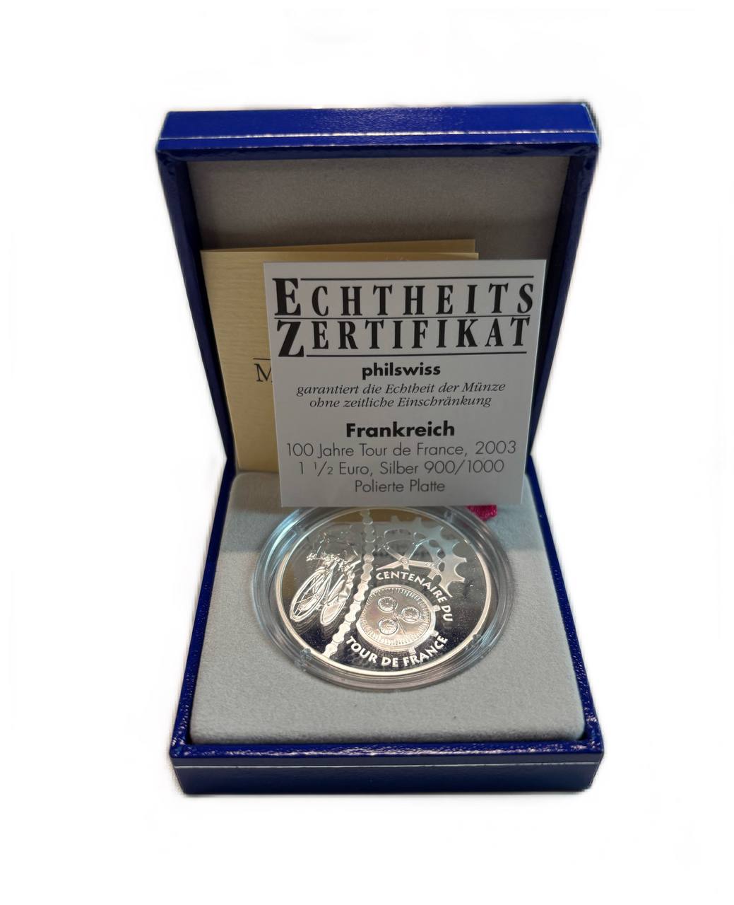 Франция 1 1/2 евро 2003 100 лет велогонкам Тур де Франс, велосипедист и детали велосипеда, в оригинальной коробке, сертификат KM 1325 серебро  PROOF  1-6-4-28