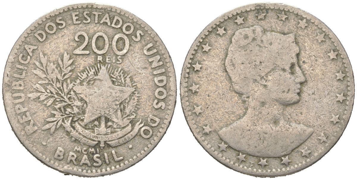 Бразилия 200 реалов 1901 MCMI, голова свободы вправо KM 504 медно-никель 4612-233