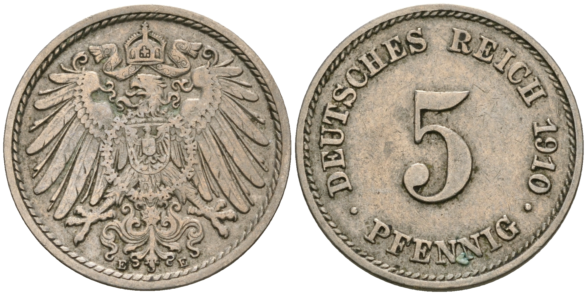Германия 5 пфеннигов 1910 E, KM 11, Jager 12, Weege 6 медно-никель 08-1345
