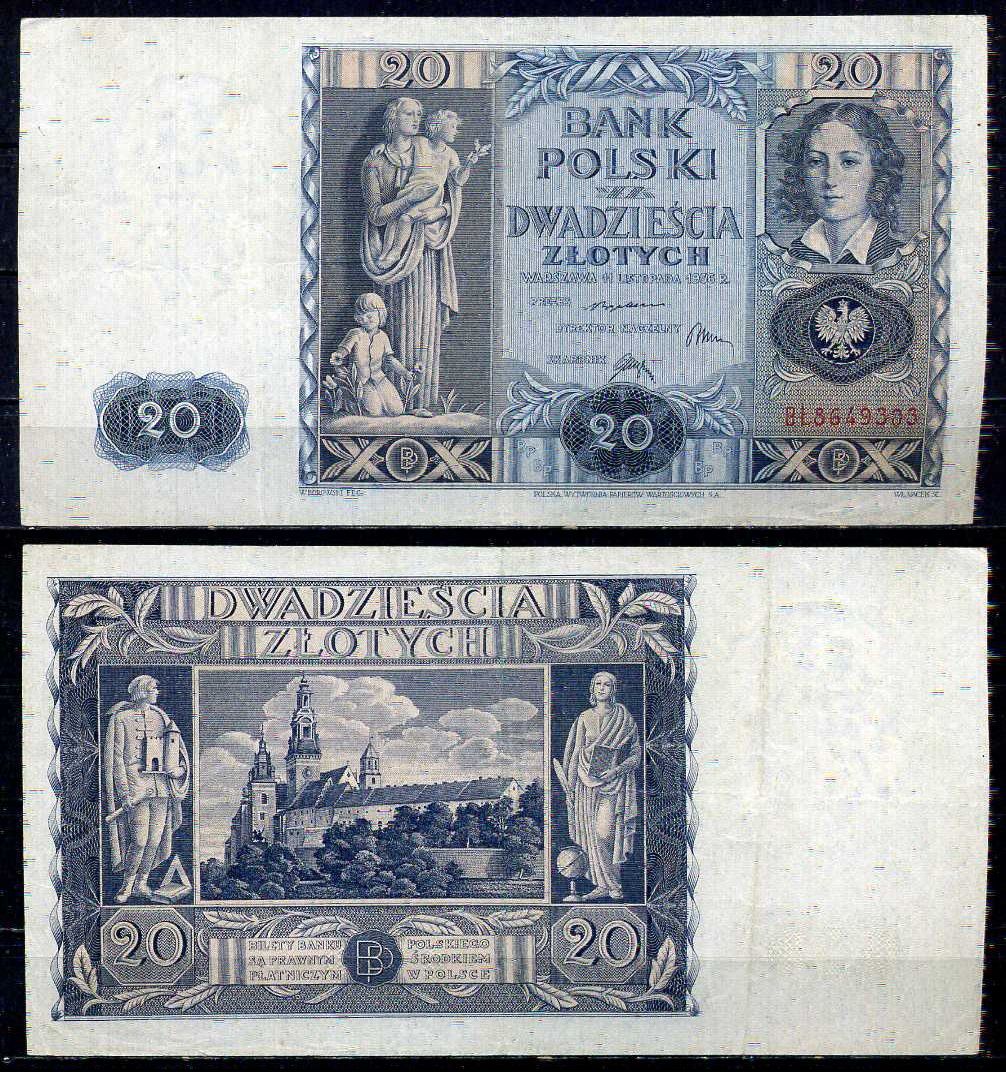 Польша 20 злотых 1936 Pick 77 бумага 7552-9-2-1