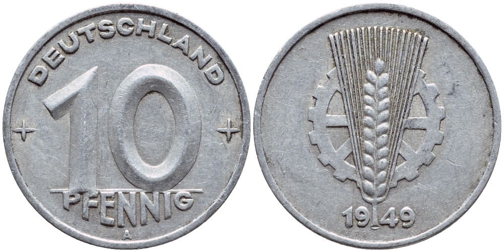 ГДР 10 ПФЕННИГОВ 1949 А KM 3 алюминий 4398-753