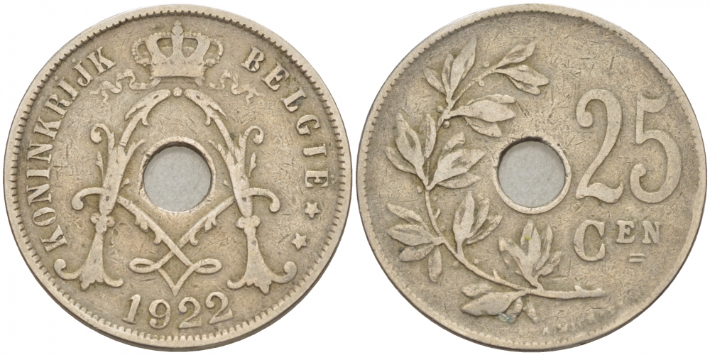БЕЛЬГИЯ 25 САНТИМОВ 1922 BELGIE KM 69 медно-никель 87-1531