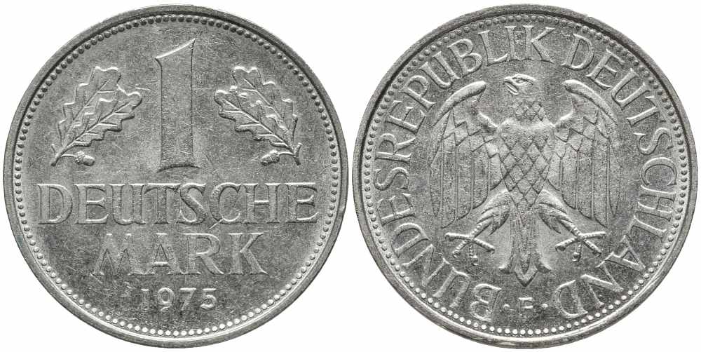 ФРГ 1 МАРКА 1975 F KM 110, J. 385 медно-никель 113-152