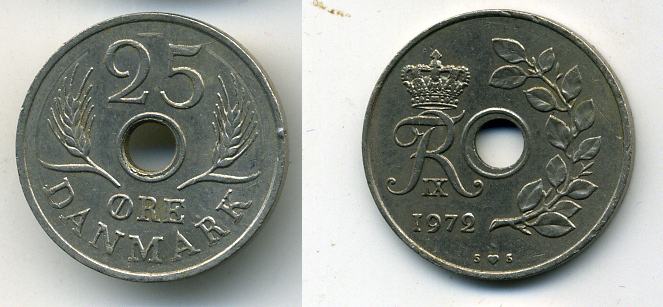 ДАНИЯ 25 ЭРЕ 1972 S; S, ФРЕДЕРИК IX (1947-1972) KM 855.2 медно-никель 54-1164