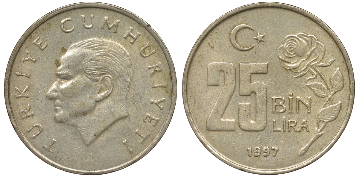 Турция 25000 лир 1997 Мустафа Кемаль Ататюрк KM 1041 медь цинк никель 62-621