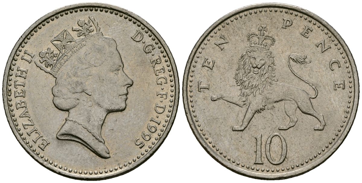 Великобритания 10 пенсов 1995 Елизавета II (1952-2022) KM 938b, Spink 4367 (F4) медно-никель 4545-943