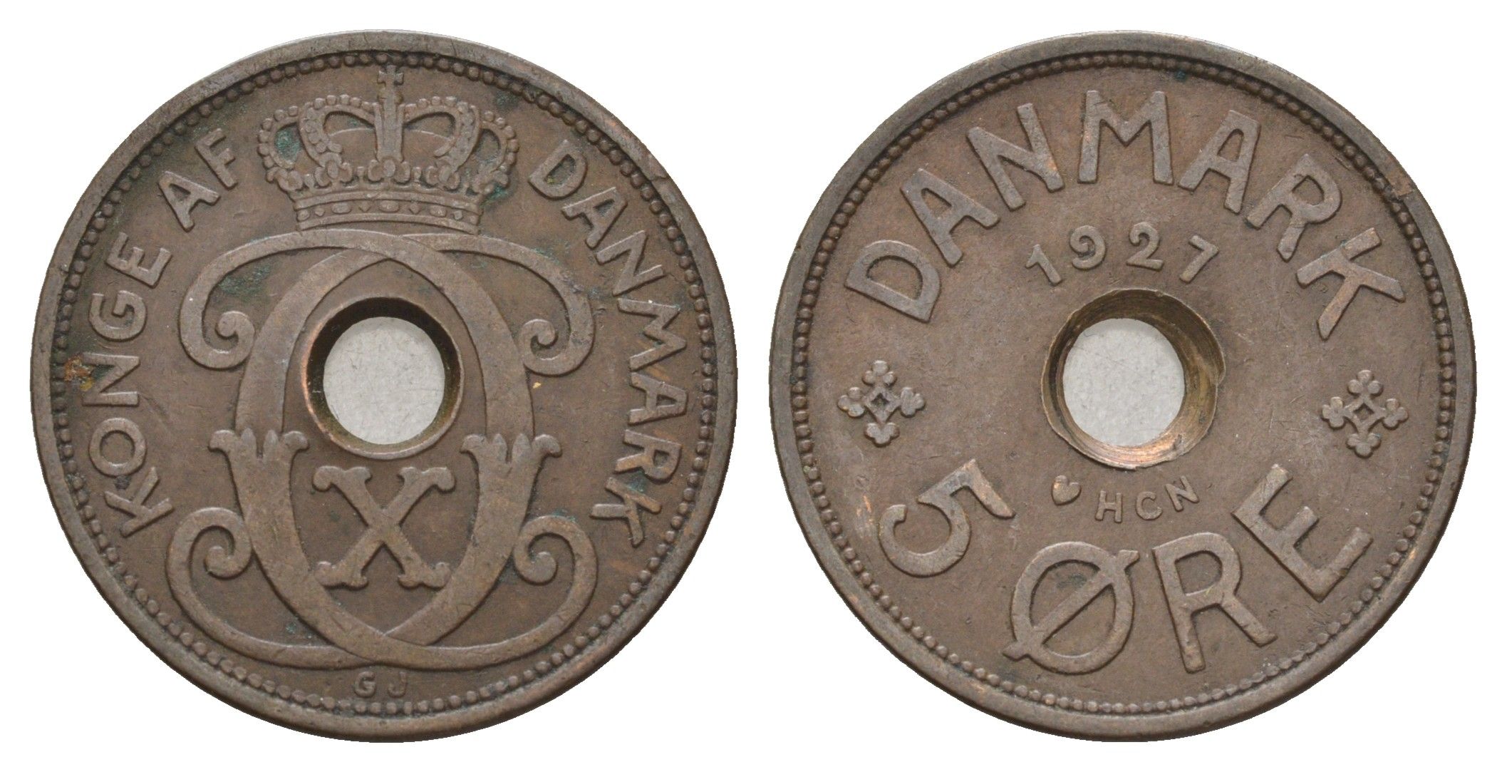 Дания 5 эре 1927 NCH, Кристиан X (1912-1947) KM 828 бронза 4700-752