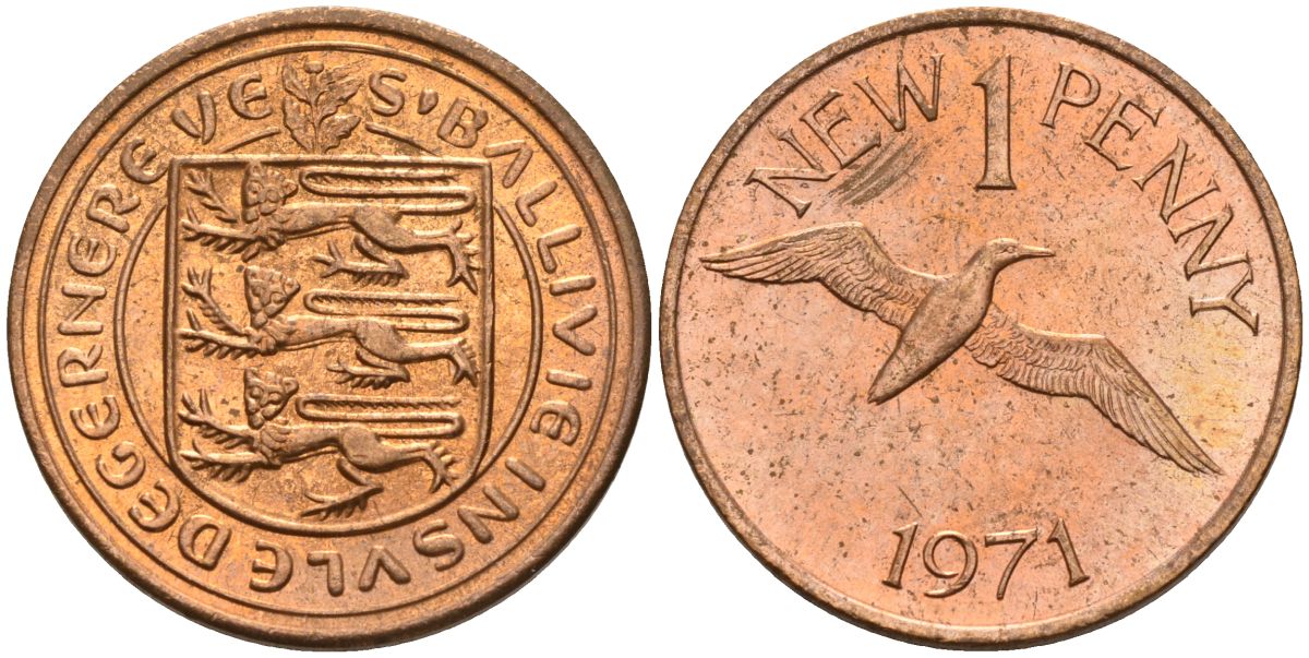 Гернси 1 пенни 1971 Елизавета II (1952-2022), северная олуша в полете KM 21 бронза 4152-1267