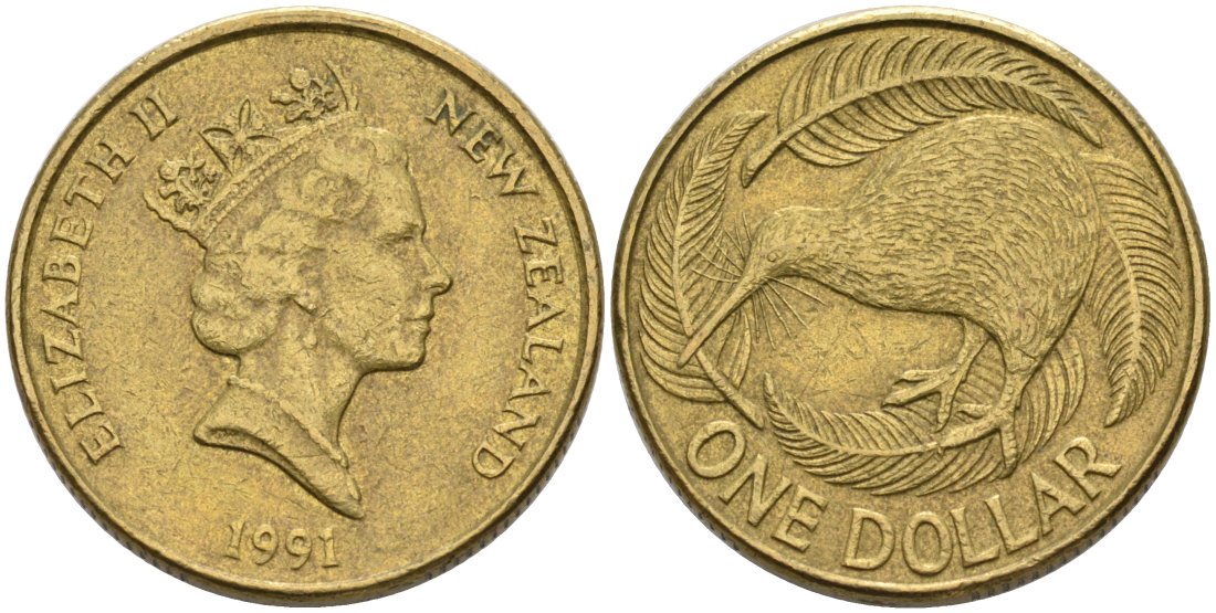 Новая Зеландия 1 доллар 1991 Елизавета II (1952-2022), птица киви KM 78 алюминиевая бронза 29-544
