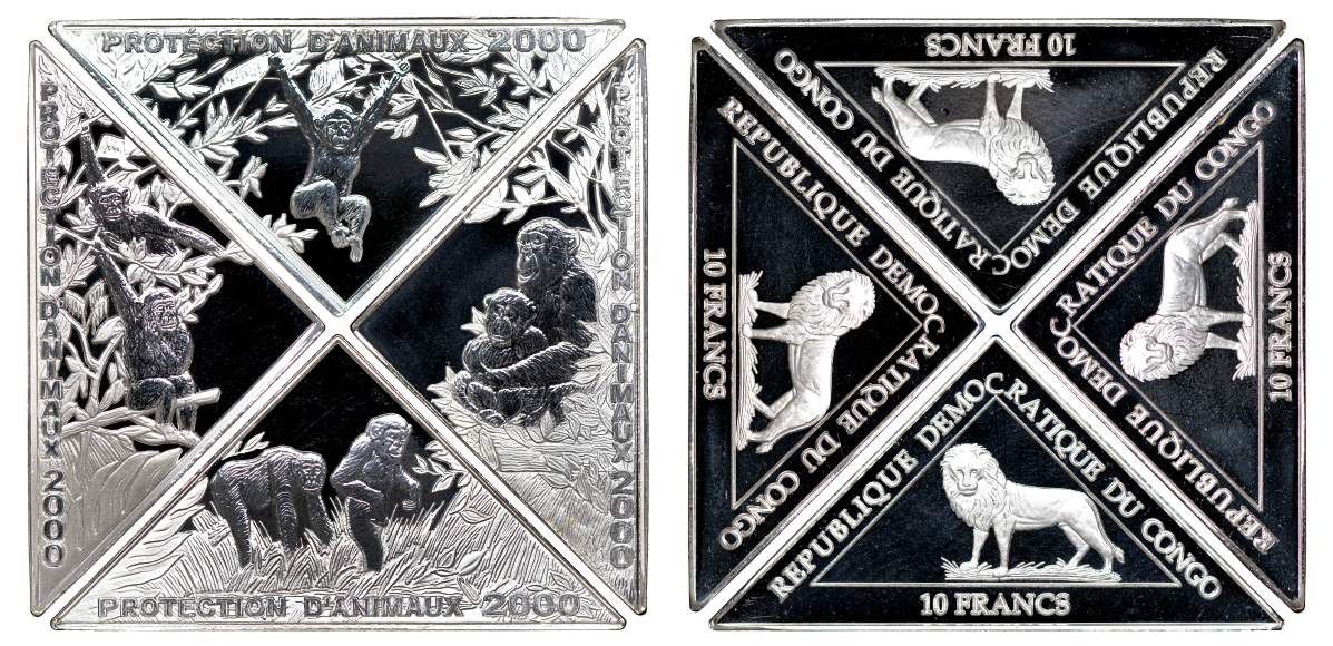 Конго набор из 4 монет (10 франков) 2000 обезьяны KM 33, 34, 35 и 36 PROOF 1079-8-12
