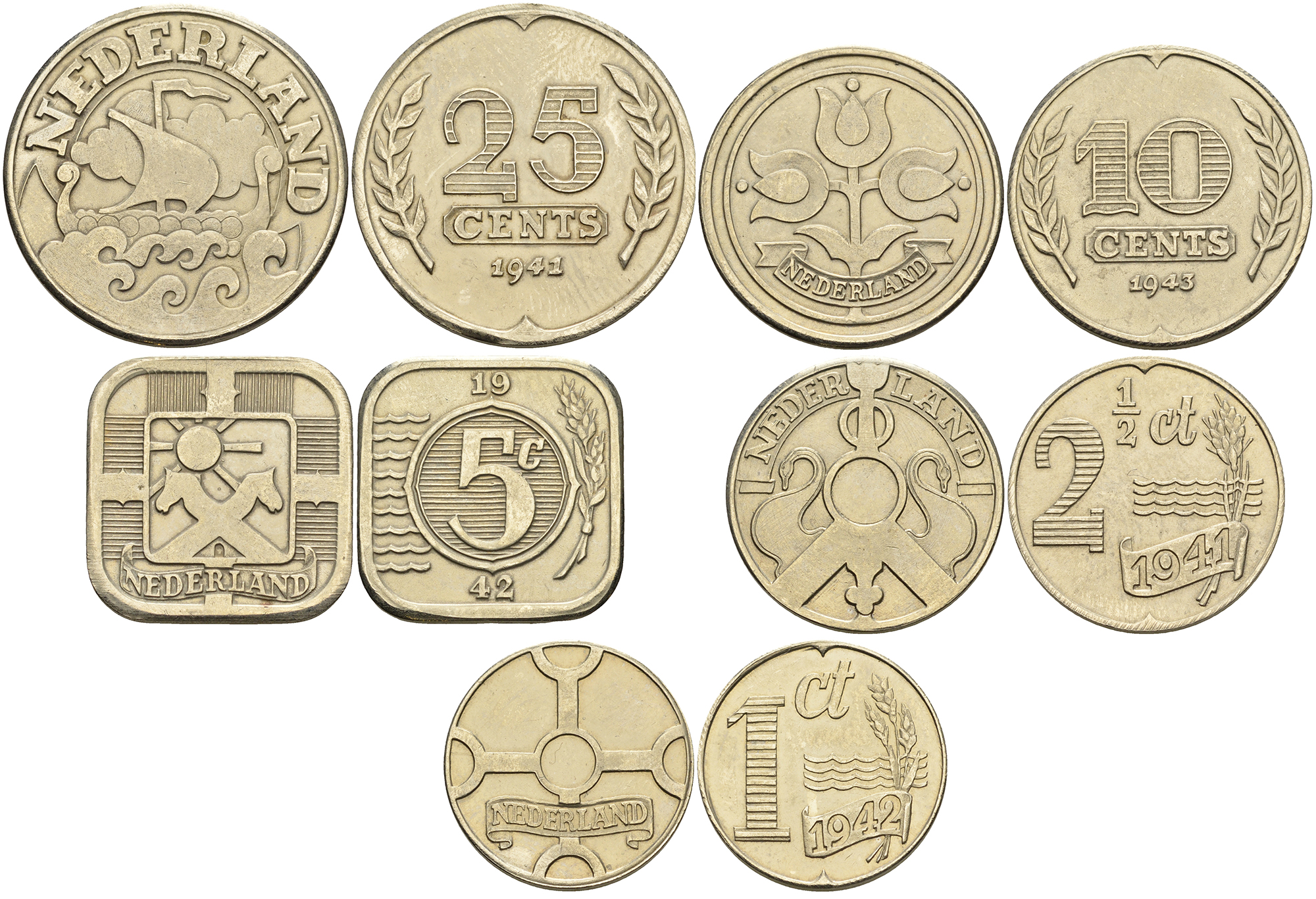 Нидерланды набор из 5 монет 1941-1943 Вильгельмина рестрайк     5-6-1-32