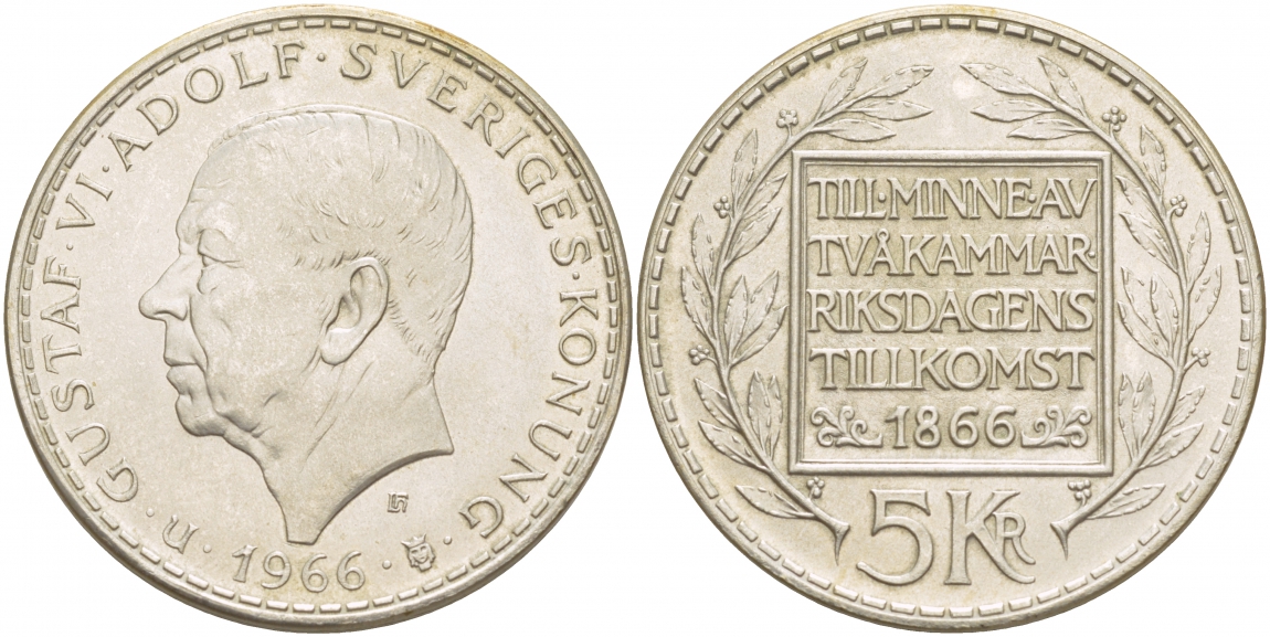 Швеция 5 крон 1966 U, Густав VI Адольф (1950-1973), 100 лет конституционным реформам KM 839 серебро UNC 4537-935