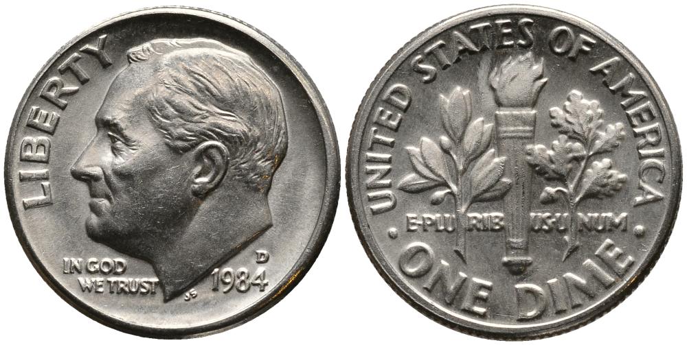 США 10 ЦЕНТОВ = ДАЙМ 1984 D, РУЗВЕЛЬТ KM 195а медь плакированная медно-никелем 4549-324