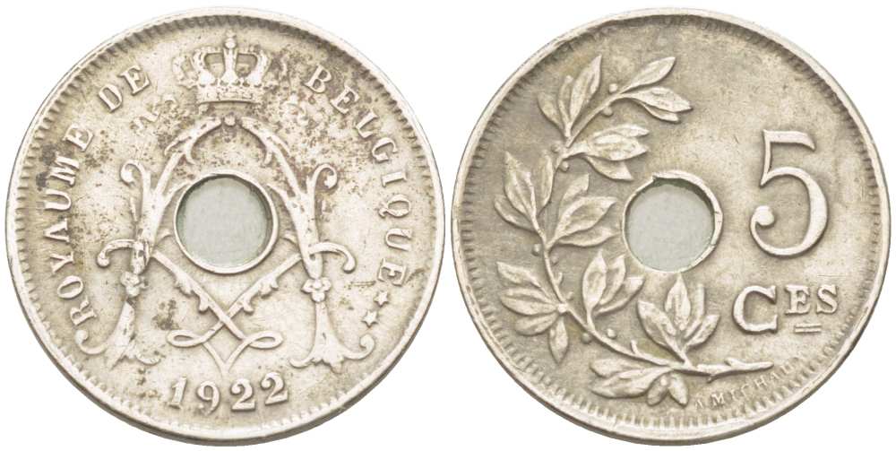 БЕЛЬГИЯ 5 САНТИМОВ 1922 BELGIQUE KM 66 медно-никель 100-1035