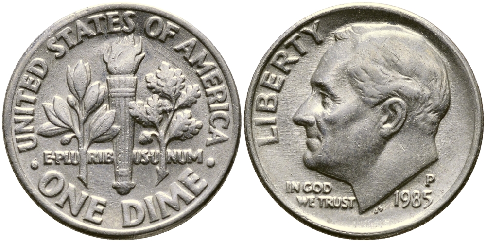 США 10 ЦЕНТОВ = 1 ДАЙМ 1985 P, РУЗВЕЛЬТ KM 195а медь плакированная медно-никелем 46-2443