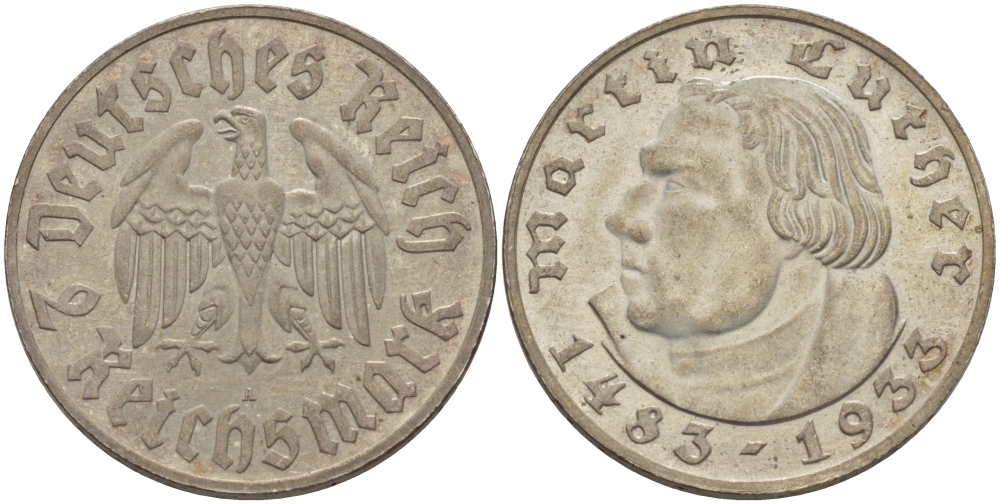 Германия 2 рейхсмарки 1933 A, 450 ЛЕТ МАРТИНУ ЛЮТЕРУ J. 352, KM 79 серебро UNC 00-000-00