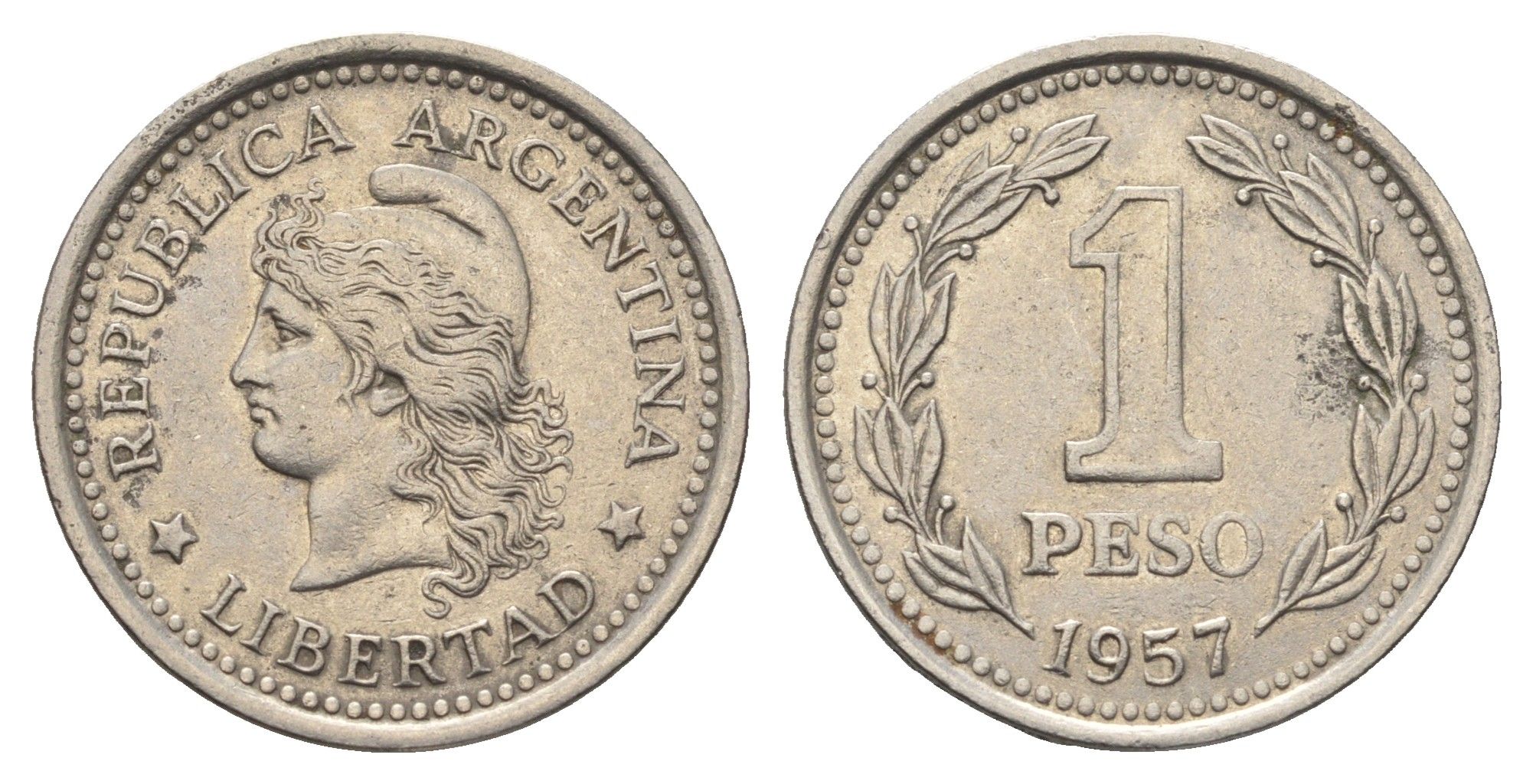 Аргентина 1 песо 1957 KM 57 сталь плакированная никелем 4663-624
