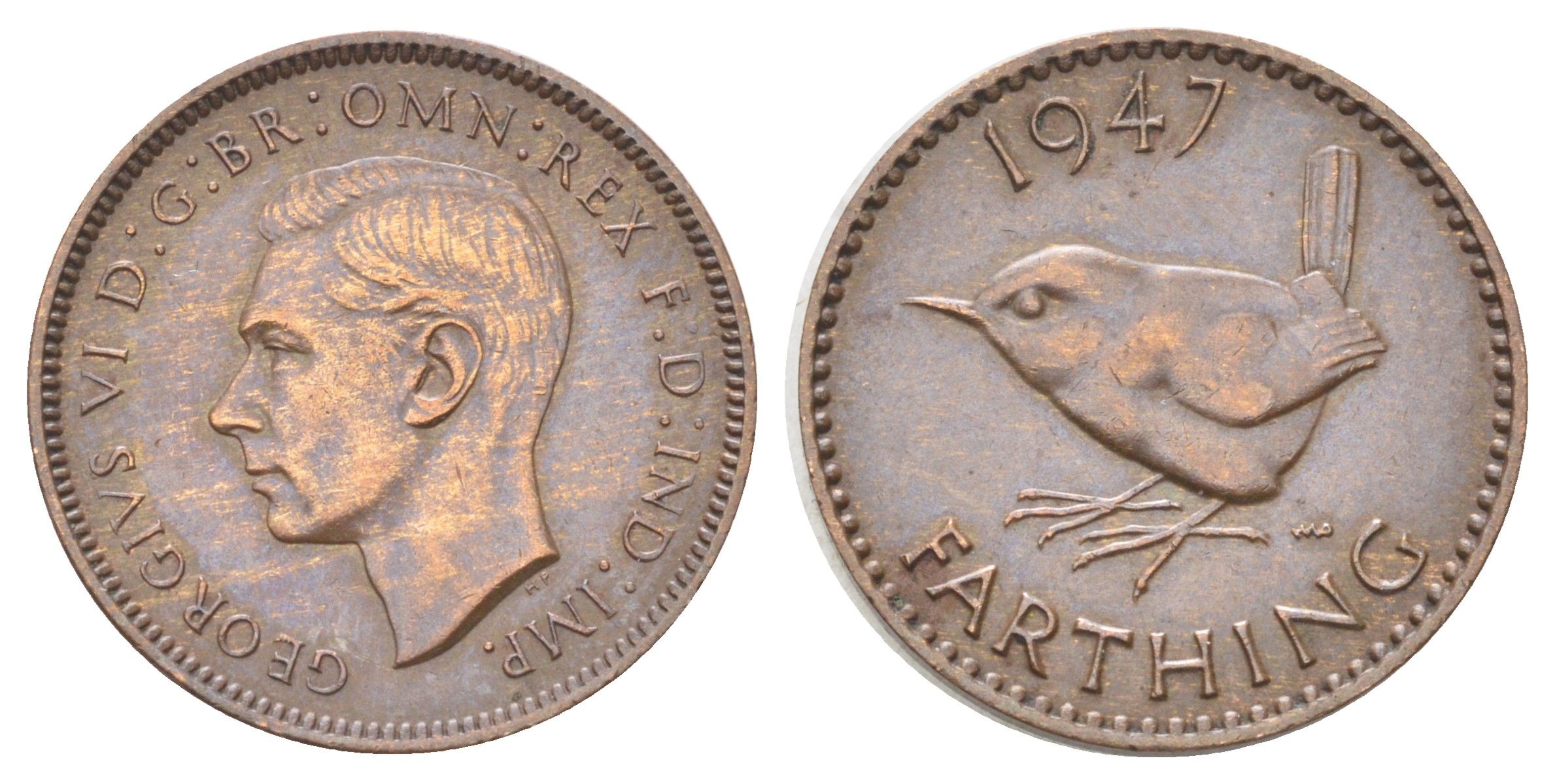 Великобритания 1 фартинг 1947 Георг VI (1936-1952) KM 843, Spink 4116 бронза 4708-719