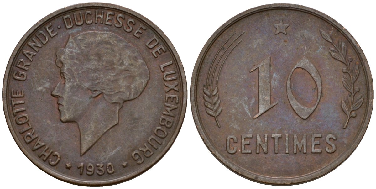 Люксембург 10 сантимов 1930 Шарлотта (1918-1964) KM 41 бронза 4577-626