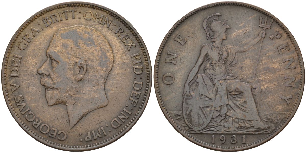 Великобритания 1 пенни 1931 Георг V (1910 - 1936) KM 838, Spink 4055 бронза 4149-734