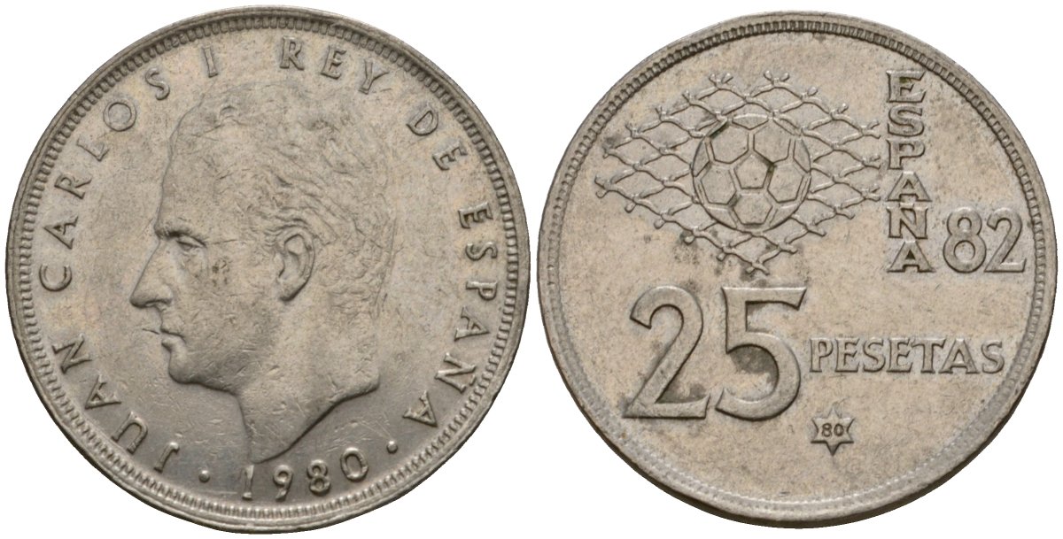 Испания 25 песет 1980 Чемпионат мира по футболу в Испании 1982, Хуан Карлос I (1975-2014) KM 818 медно-никель 183-231