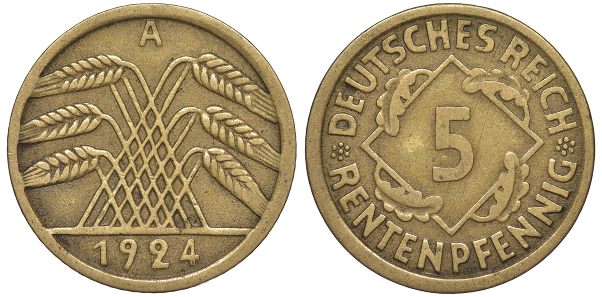Германия 5 рентенпфеннигов 1924 A KM 32, J. 308 алюминиевая бронза 4602-635