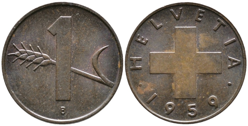ШВЕЙЦАРИЯ 1 РАППЕН 1959 В KM 46 бронза 4528-621