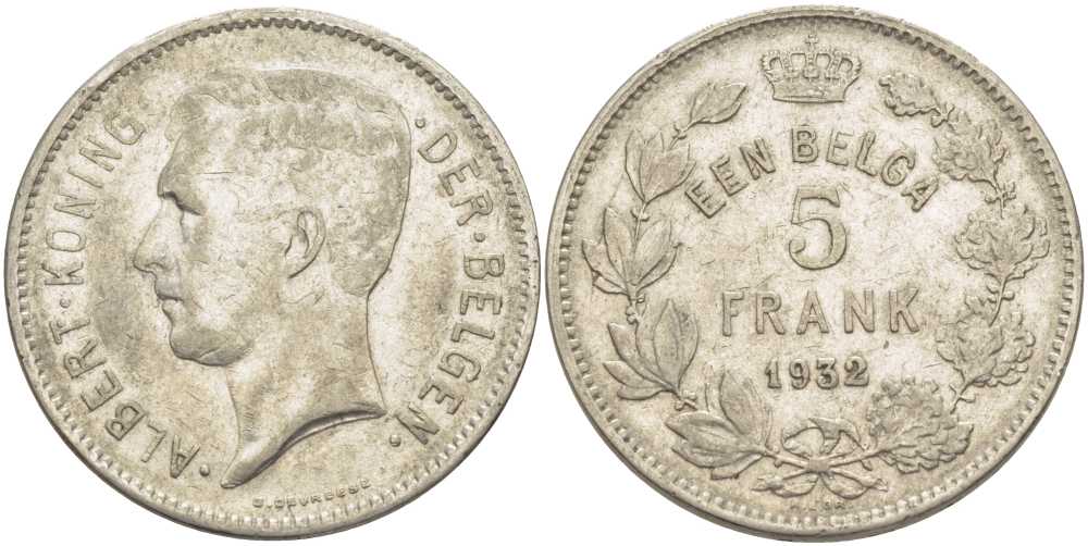 БЕЛЬГИЯ 5 ФРАНКОВ 1932 АЛЬБЕРТ I, DER BELGEN KM 98 никель 3851-424