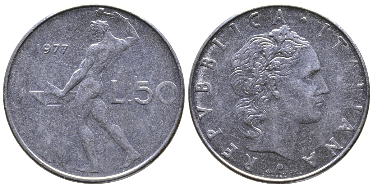 Италия 50 лир 1977 R, Вулкан (древнеримский бог огня) KM 95.1 нержавеющая сталь 4681-142