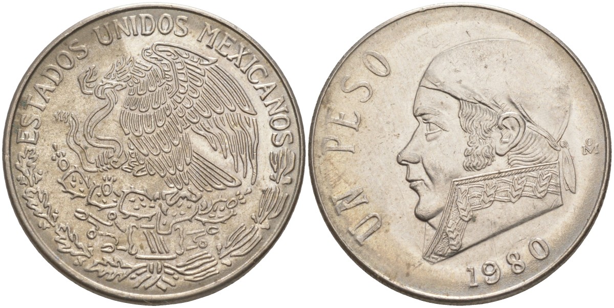 Мексика 1 песо 1980 Хосе Мария Морелос, закрытая 8 KM 460 медно-никель 3855-1243