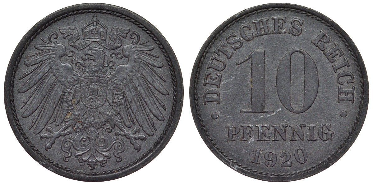 Германия 10 пфеннигов 1920 KM 26, J. 299, Weege 8 цинк 4119-341