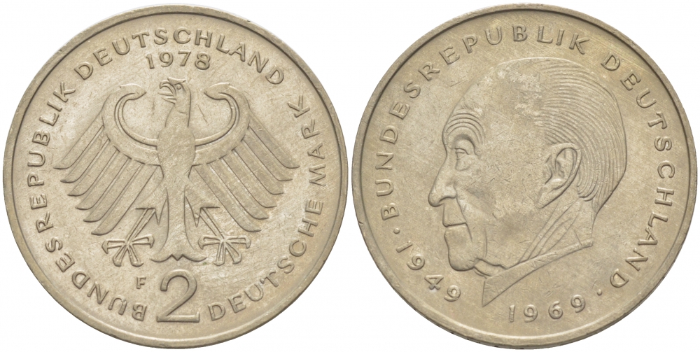 ФРГ 2 МАРКИ 1978 F, КОНРАД АДЕНАУЭР KM 124, J. 406 медно-никель плакированный никелем плакированный никелем 3996-922
