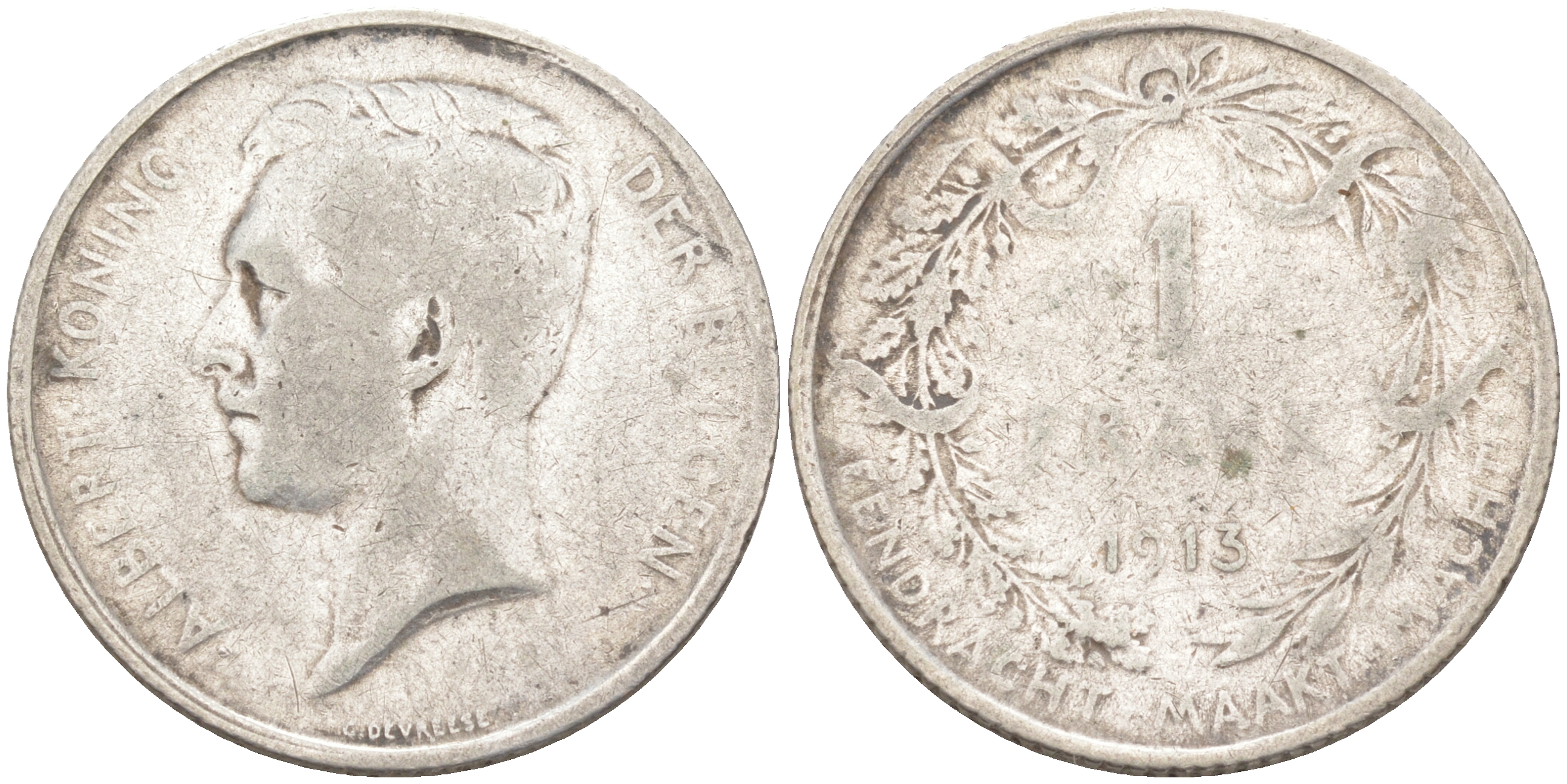 Бельгия 1 франк 1913 Альберт I (1909-1934), Der Belgen KM 73.1 серебро 106-426