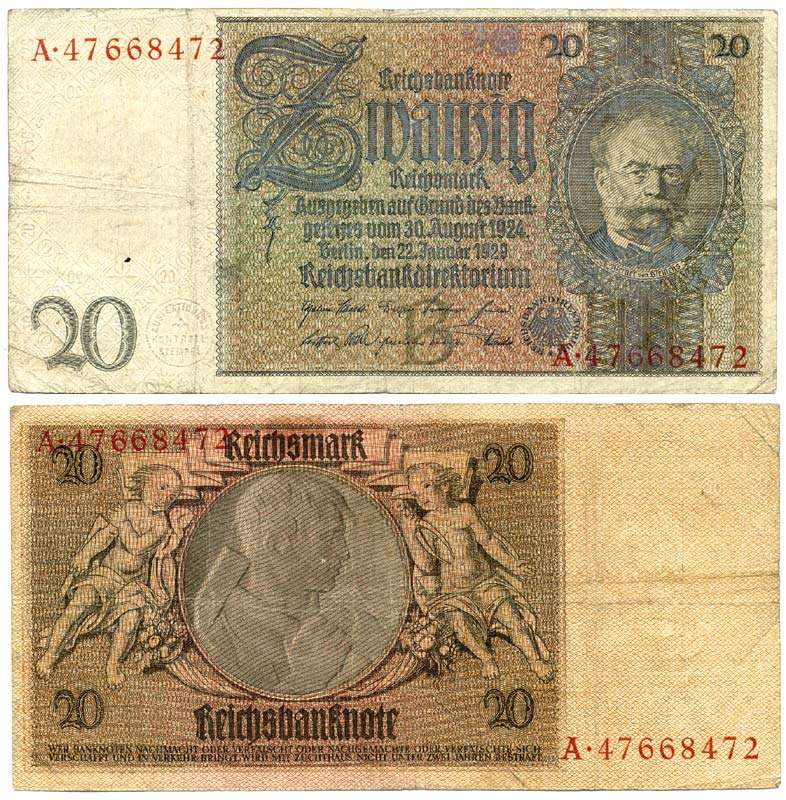 ГЕРМАНИЯ 20 РЕЙХСМАРОК 1929 22 ЯНВАРЯ 1929, ВОДЯНОЙ ЗНАК СИМЕНС Pick 181а бумага 6281-3-1-1