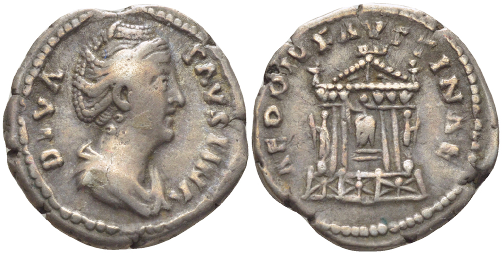Римская Империя денарий 141 Фаустина Старшая, жена Антонина Пия, DIVA FAVSTINA, бюст императрицы / AED DIV FAVSTINA, храм Божественной Фаустины, Рим, 3,21 гр RIC 343 серебро 1073-18-11