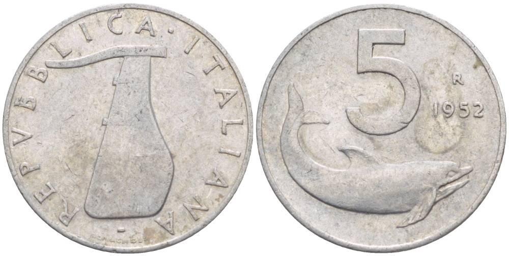 ИТАЛИЯ 5 ЛИР 1952 R, ДЕЛЬФИН, РУЛЬ KM 92 алюминий 4551-112