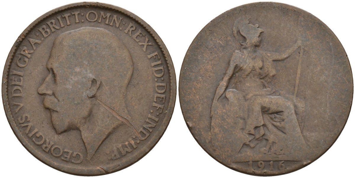 Великобритания 1/2 пенни 1916 Георг V (1910-1936) KM 809, Spink 4056 бронза 4143-652