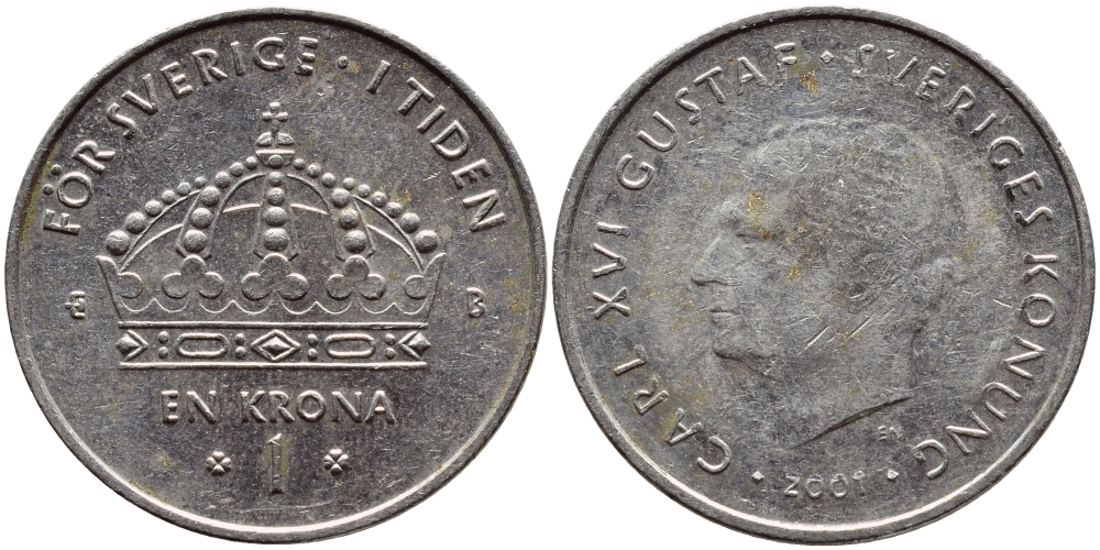 Швеция 1 крона 2001 Карл XVI Густав (1973- ) KM 894 медно-никель 4364-2444