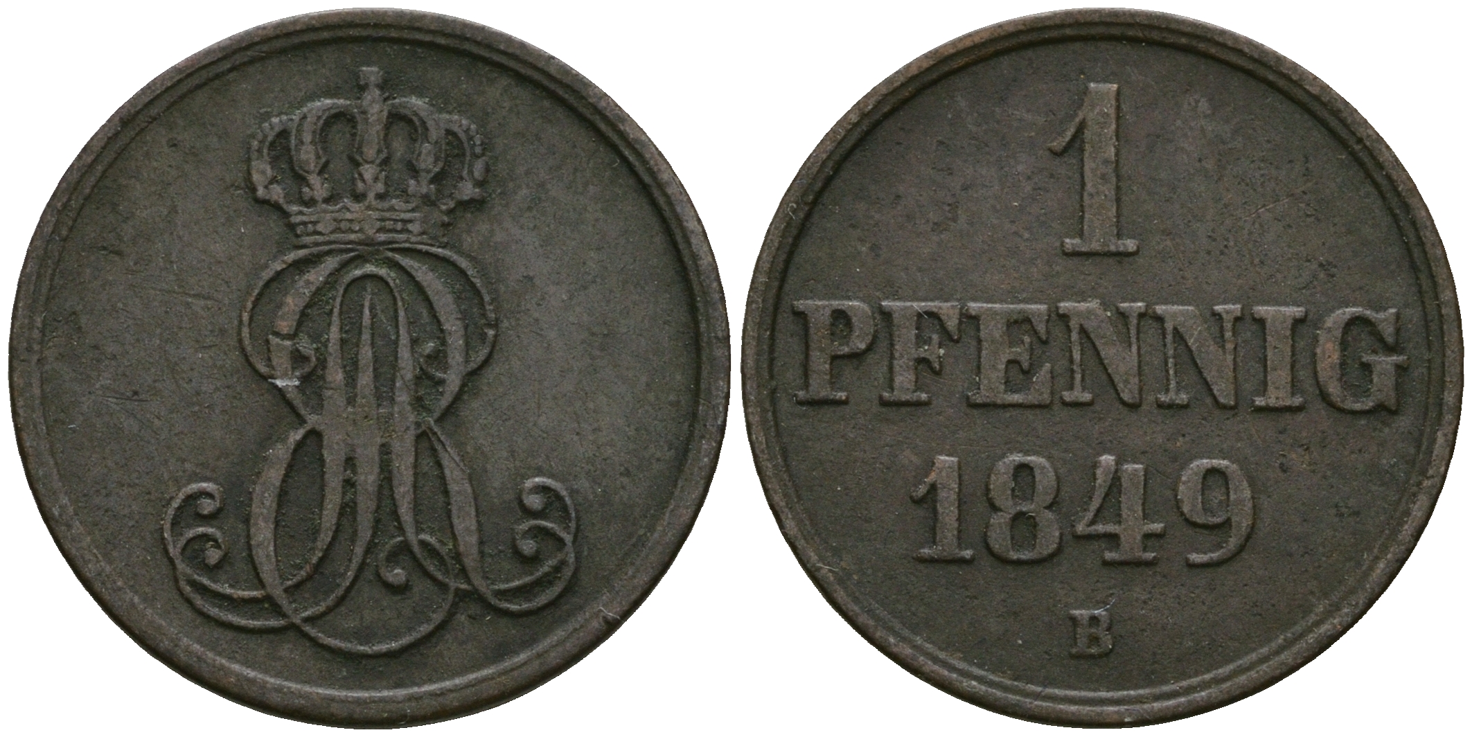 Ганновер 1 пфенниг 1849 B, Эрнст Август (1837-1851) KM 201.1, AKS 129, J. 74 медь 4608-1026