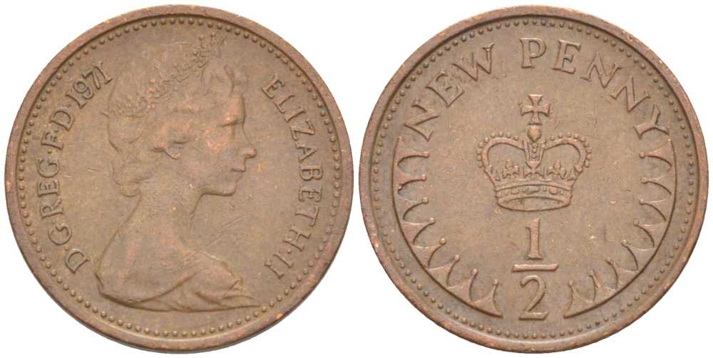 Великобритания 1/2 пенни 1971 Елизавета II (1952-2022) KM 914, Spink 4239 бронза 4387-549